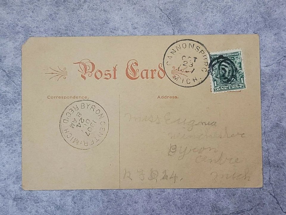 Cubierta de PC de colección c1907 Byron Center Rec'd y Cannonsburg MI cancelaciones + Target Killer Foto 1 de 1
