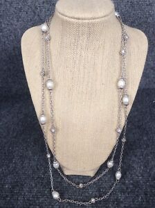 Beautiful  Judith Ripka sterling 925  pearl diamonique necklace 55" 