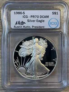 1986-S PR 70 DCAM American Silver Eagle ASE $1 ICG Proof AUSTIN HUTTO (PF 70) - Picture 1 of 3