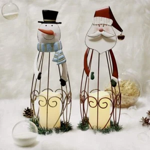 2 Pack Christmas Candle Lanterns with LED Lights Metal Santa Claus & Snowman - Picture 1 of 7