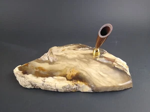 Vintage Geode Polished Stone and Brass Pen Holder Mid Century Modern Office - Picture 1 of 8