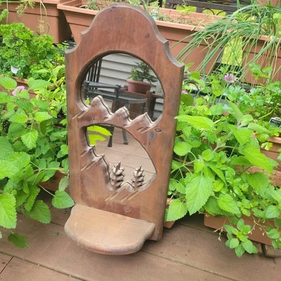 Large Vintage Hand Carved Wood Boho Rustic Wooden Wall Mirror w/ Shelf 27x11 - Image 1 of 4