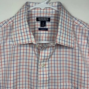 BONOBOS Wrinkle Free Standard Fit Plaid Dress Shirt Red Blue White Size 16 33 - Picture 1 of 9