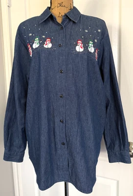 Karen Scott Button Up Denim Top Tunic Long Sleeve Christmas Snowman Cotton Large - Image 1 of 4