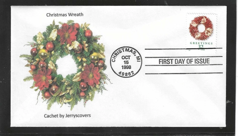 CHRISTMAS WREATH FDC 1998 CHRISTMAS, MICHIGAN JERRY'S COVERS ONLY 1 MADE - Image 1 of 1