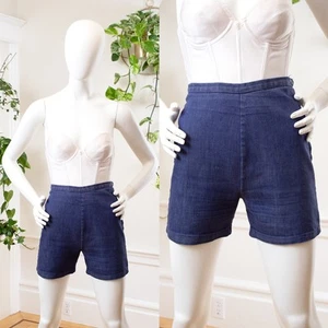 Vintage 1960s Denim Shorts 60s Dark Wash Blue Jean High Rise Side Zip Pin Up - Picture 1 of 7