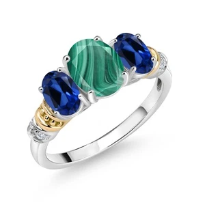 925 Sterling Silver and 10K Yellow Gold Green Malachite Created Sapphire and - Picture 1 of 3