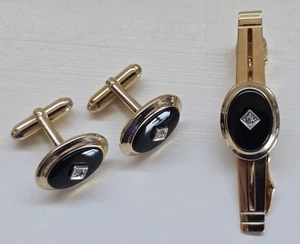 Anson Gemelos Corbata Clip Conjunto Tono Dorado Negro Esmoquin Camisa Vestido Traje De Colección - Imagen 1 de 2
