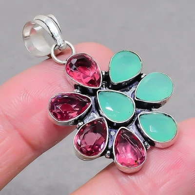 Colgante Joyería Hecho a Mano Piedras Preciosas Turmalina Rosa Calcedonia Verde 1.8" SR 2734 Foto 1 de 4