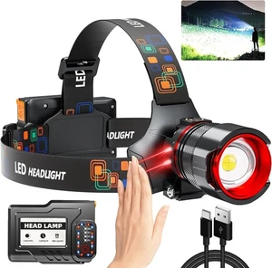 Faro Recargable Altos Lúmenes, Lámpara de Cabeza LED Súper Brillante con T45, Negro - Imagen 1 de 8