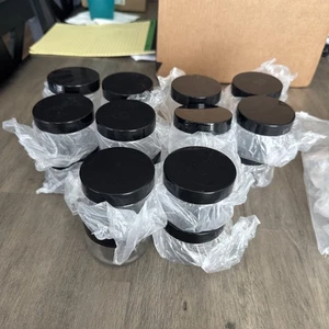 12 PC CLEAR PLASTIC JARS WITH BLACK TWIST ON LIDS 5 OZS - Picture 1 of 3