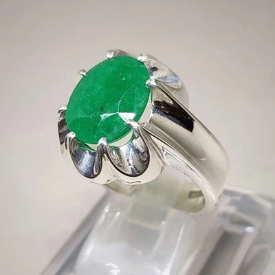 Mens Emerald Ring, Natural Beryl 925 Sterling Silver Ring, Zamurd Ring For Men - Image 1 of 4