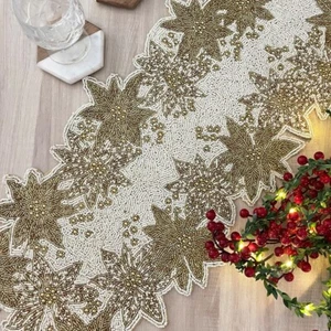 Christmas handmade beaded table runner, gold poinsettia, 13x36 inch - Picture 1 of 4