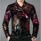 New Men Velvet Shirts Casual Long Sleeve Blouse Floral Tops Formal Business