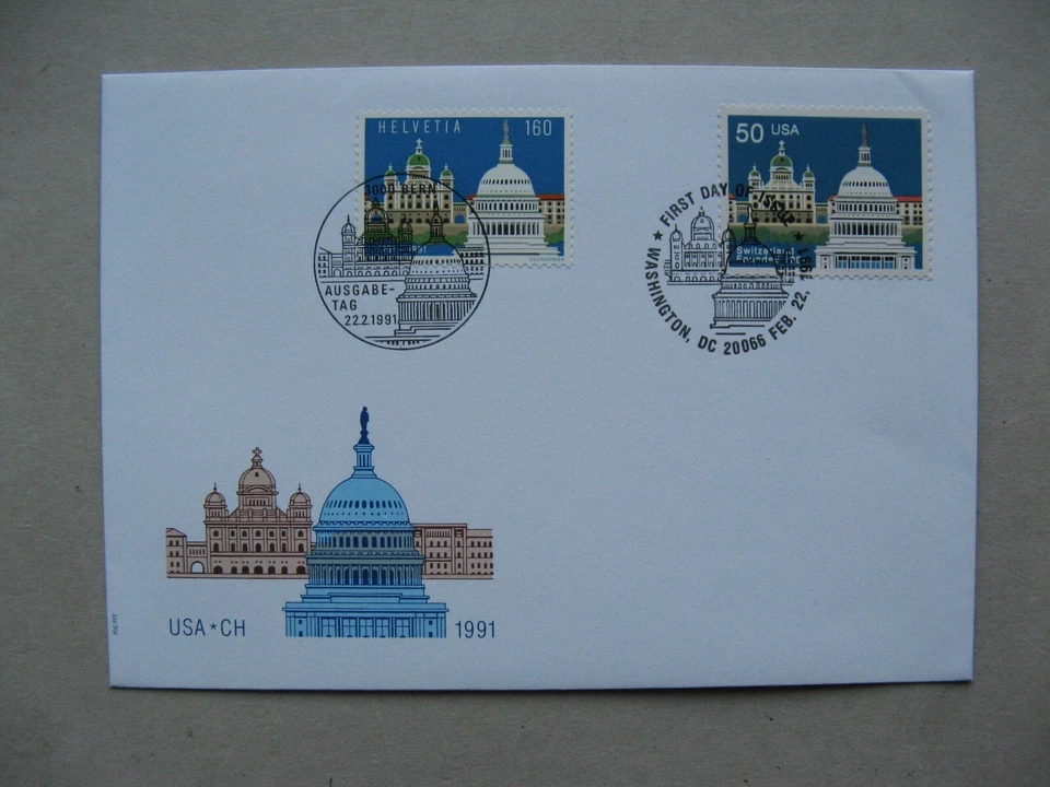 SWITZERLAND /USA, cover FDC 1991, joint issue parlement buildings - Image 1 of 1