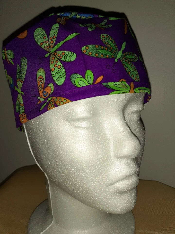 Green Dragonflies on Purple Medical Surgical Tie Scrub Hat - Image 1 of 1