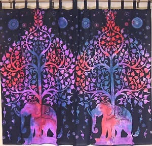 Elephant Tree of Life 2 Tab Top Window Treatments Curtain Panels Cotton 80" - Picture 1 of 4