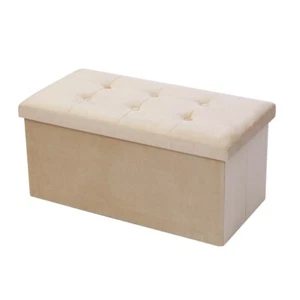 Boxsweden 76x36cm Ottoman Storage Cube Faux Velvet Home Organiser/Stool Cream - Picture 1 of 4
