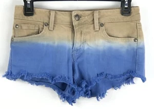 Vintage Cut Off Jean Shorts 25 Blue/Tan Ombre 5 Pocket Strech Fringe Low Rise - Picture 1 of 5