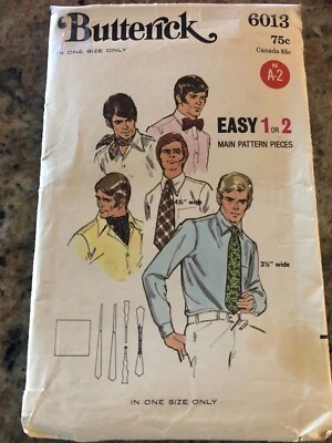 🌺  1970 BUTTERICK #6013 - MEN'S 3½ & 4½" TIE-BOW TIE-ASCOT & SCARF PATTERN  FF - Image 1 of 2