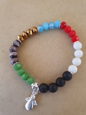 7 Chakra Damen Armband mit Kristall Achat Lava Polaris Steinen m. Engel Anhänger - Bild 1 von 3