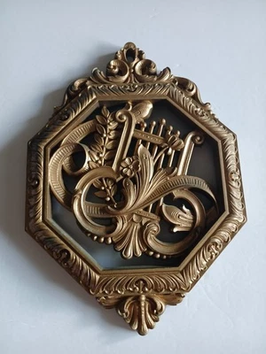 Vintage 1976 Homco Gold Syroco Wall Plaque USA Musical Lyre Flower Art Decor - Image 1 of 4
