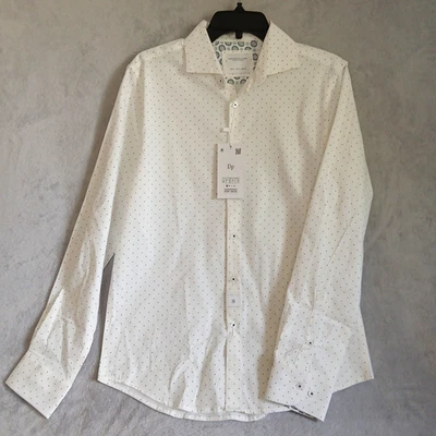 Camisa informal inteligente con botones de mezclilla y flores para hombre pequeña manga larga blanca a lunares Foto 1 de 4