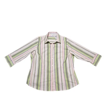 VTG Liz Claiborne Villager Stretch Blouse 16W Green Pink Stripe Button Up Office - Image 1 of 4