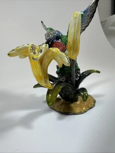 Bejeweled Enameled Pewter Hummingbird Trinket Box With Crystals 3.25" Long New - Picture 1 of 7