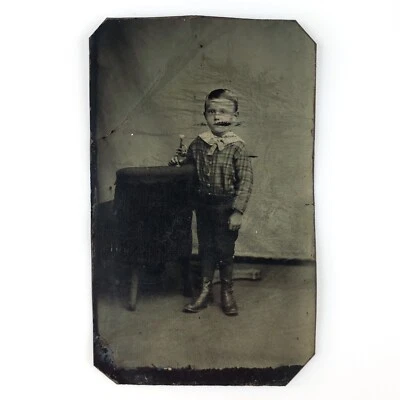 Boy Holding Toy Trumpet Tintype c1870 Antique 1/6 Plate Musical Child Photo D916 - Image 1 of 2
