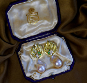 GIA 18K PINK PEARL DIAMOND EMERALD EARRINGS BAROQUE VICTORIAN VINTAGE FINE HUGE