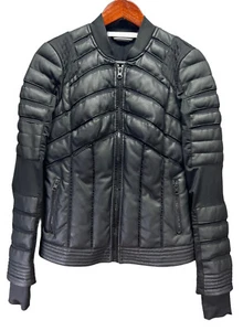 Blanc Noir Women's Black Mesh Quilted Faux Leather Moto Feather Puffer Jacket S - Picture 1 of 12