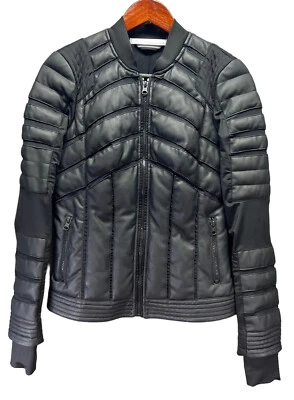 Blanc Noir Women's Black Mesh Quilted Faux Leather Moto Feather Puffer Jacket S - Image 1 of 4