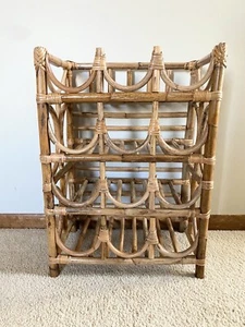 Vintage Bent Bamboo Wicker Rattan Wine Rack Tiki Boho Chic 12-Bottle Mid Century - Picture 1 of 12