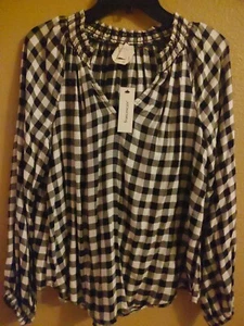 Francesca's Shirt Womens Long Sleeve Black White Gingham Boho Blouse Shirt Sz M - Picture 1 of 9