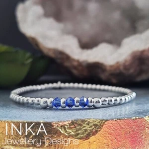 Inka Sterling Silver Stretch 3mm bead bracelet SEPTEMBER SAPPHIRE swarovski  - Picture 1 of 4