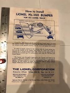 Vintage Lionel How to Install No 260 Bumper Original Instructions - Picture 1 of 2