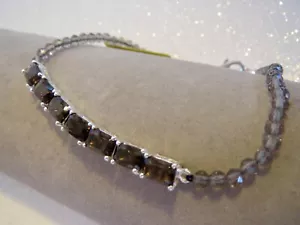 New/Tags STS STERLING Oval Smokey Topaz & Round Beads Silver Line BRACELET 7.25" - Picture 1 of 9