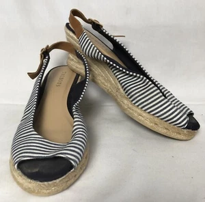 Talbots Wedge Espadrilles Womens Sz 9 White Blue Textile Ankle Strap Buckle City - Picture 1 of 13