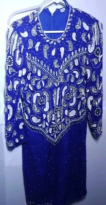 Scala Vintage Silk dress royal cobalt blue beaded sequins size PM - Image 1 of 4