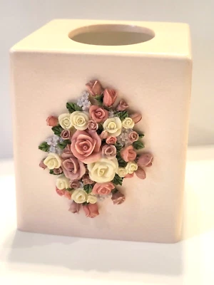 Vintage Tissue Box Cover Hand Painted 3D Raised Roses Floral Pink Cottagecore - Image 1 of 4