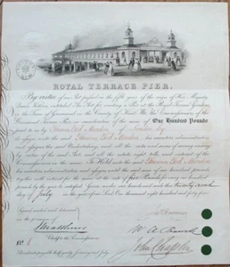 Gravesend Royal Terrace Pier 1845 Stock Bond Certificado Número 1, Kent Reino Unido - Imagen 1 de 1
