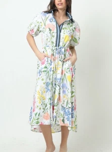 Kleid Dress Stacey Contrast Bind Midi Blue Pink Sundress with Puffy Sleeve XS - Picture 1 of 5