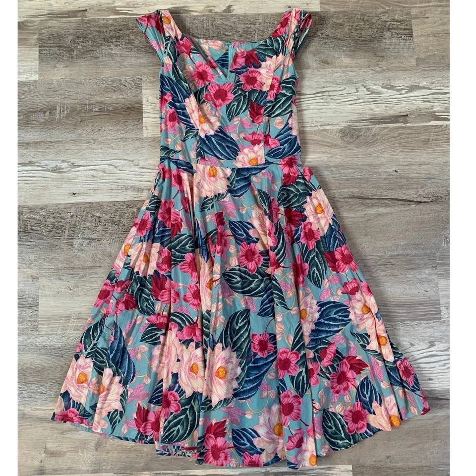 Hell Bunny Retro Tropical Floral Fit and Flare Dress Blue Pink Size S - Image 1 of 4