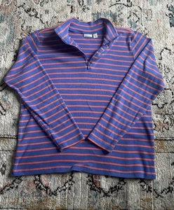 LL Bean Women Sweater Size XL Regular Blue Orange Sailor Stripe Knit 1/4 Zip - Picture 1 of 11