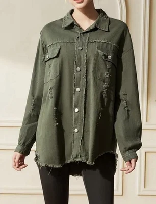 Camisa informal de mezclilla rasgada de manga larga para mujer talla M Foto 1 de 4