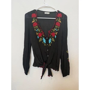 Tasha Polizzi Embroidered Floral Blouse Western Boho Button Up Top Tie Front S - Picture 1 of 10