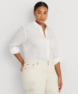 Lauren Ralph Lauren Women's Linen Blouse Top Plus Size 2X White Roll Tab Sleeve - Picture 1 of 5