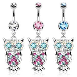 316L Surgical Steel Multi Colored Gemmed Large Owl Dangle Belly Navel Ring - Picture 1 of 1