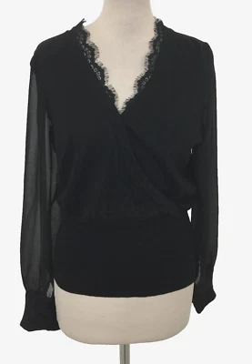 Jersey para mujer Oasis talla M negro festoneado encaje ribete envoltura transparente manga L nuevo F1 Foto 1 de 4